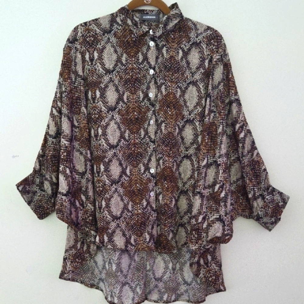 Alembika Brown Python Snakeskin Print Button-Up B… - image 1